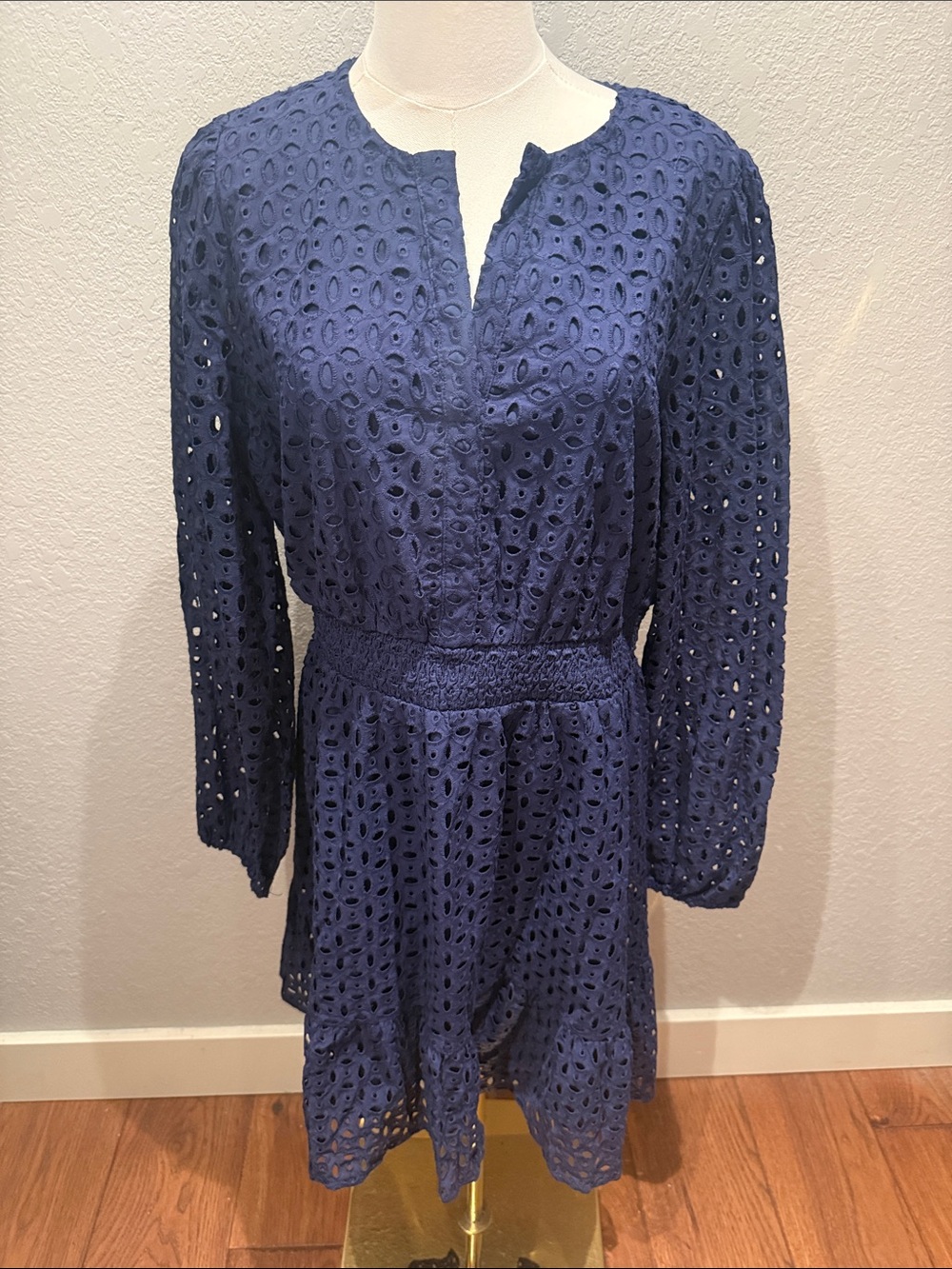 Women’s Navy Eyelet Long-Sleeve Dress